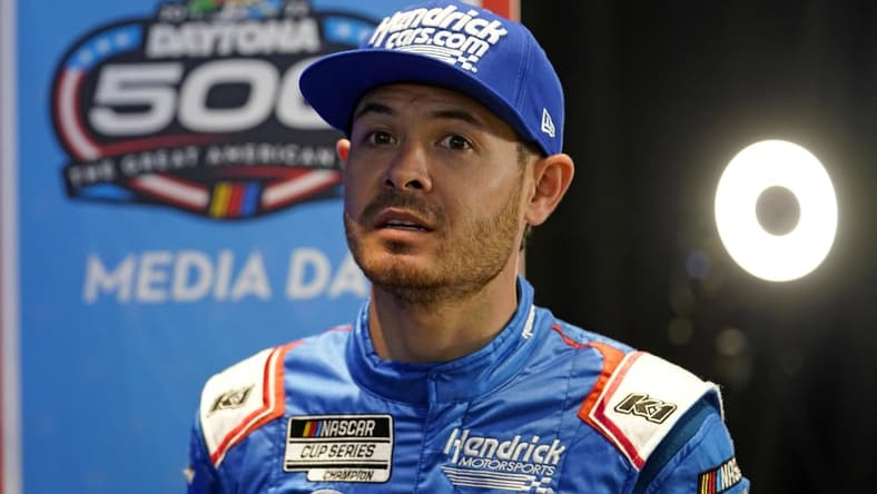Feb 16, 2022; Daytona, FL, USA; Feb 16, 2022; Daytona, FL, USA; NASCAR Cup Series driver Kyle Larson (5) talks to the press during Daytona 500 media day at Daytona International Speedway. Mandatory Credit:Mandatory Credit: Mike Dinovo-USA TODAY Sports
