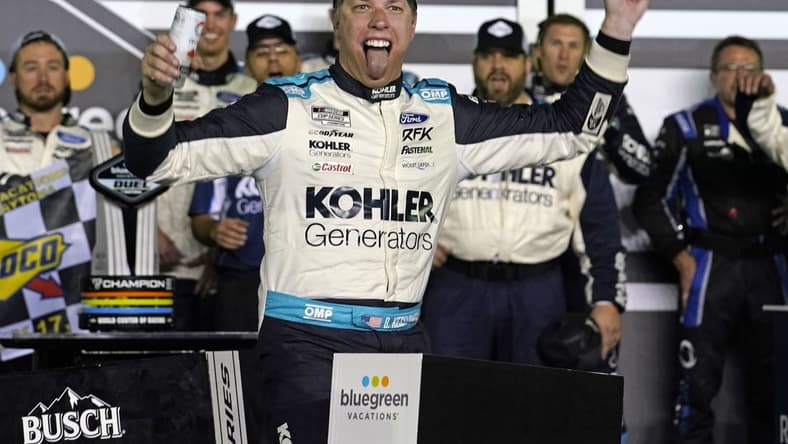Feb 17, 2022; Daytona, FL, USA; NASCAR Cup Series driver Brad Keselowski (6) reacts after winning the Bluegreen Vacations Duel 1 at Daytona International Speedway. Mandatory Credit: Mike Dinovo-USA TODAY Sports
