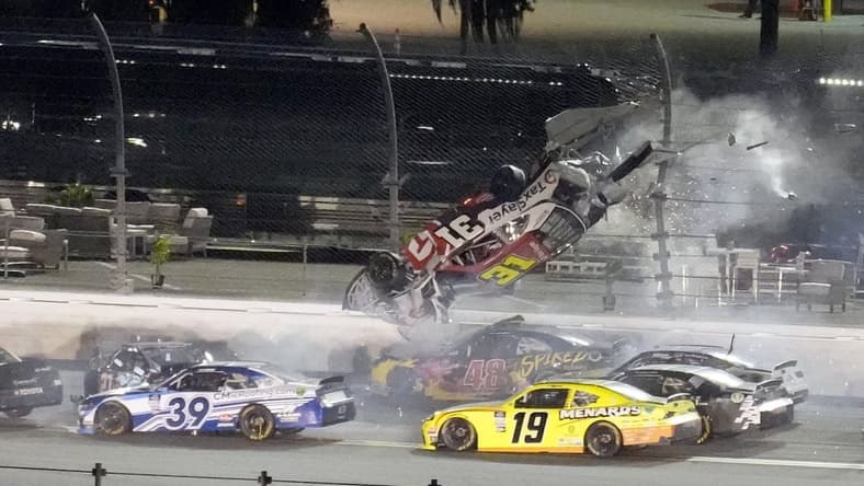 Feb 19, 2022; Daytona, FL, USA; Xfinity Series driver Myatt Snider (31) flips as he wreck on the backstretch during the Xfinity Beef It's What's For Dinner 300 at Daytona International Speedway. Mandatory Credit: John David Mercer-USA TODAY Sports