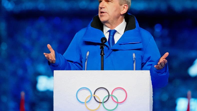 Feb 20, 2022; Beijing, CHINA; IOC president Thomas Bach speaks during the closing ceremony for the Beijing 2022 Olympic Winter Games at Beijing National Stadium. Mandatory Credit: Rob Schumacher-USA TODAY Sports