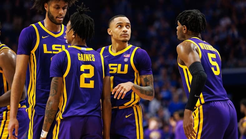 Feb 23, 2022; Lexington, Kentucky, USA; LSU Tigers guard Xavier Pinson (1) looks on from the huddle during the second half against the Kentucky Wildcats at Rupp Arena at Central Bank Center. Mandatory Credit: Jordan Prather-USA TODAY Sports