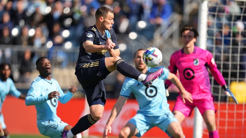 Feb 26, 2022; Philadelphia, Pennsylvania, USA; Philadelphia Union midfielder Deniel Gazdag (6) controls the ball in the first half against the Minnesota United at Talen Energy Stadium. Mandatory Credit: Mitchell Leff-USA TODAY Sports