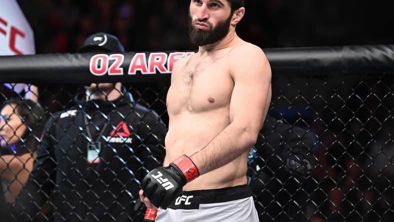 Feb 23, 2019; Prague, Czech Republic; Magomed Ankalaev (red gloves) defeats Klidson Abreu (blue gloves) during UFC Fight Night at 02 Arena. Mandatory Credit: Per Haljestam-USA TODAY Sports