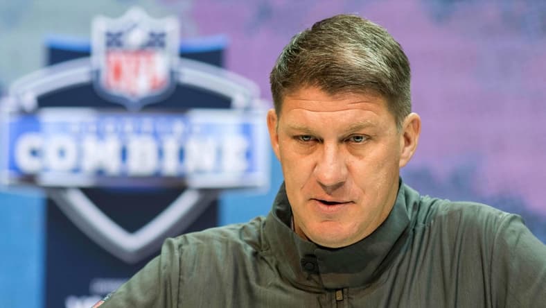 Feb 27, 2019; Indianapolis, IN, USA; Tampa Bay Buccaneers general manager Jason Licht speaks to media during the 2019 NFL Combine at Indianapolis Convention Center. Mandatory Credit: Trevor Ruszkowski-USA TODAY Sports
