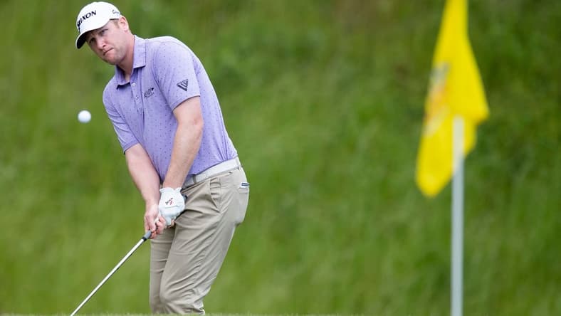 Ryan Brehm chips the ball into the cup during the first round of the Web.com Robert Trent Jones Golf Trail Championship in Prattville, Ala., on Thursday April 17, 2019. 

Golf46