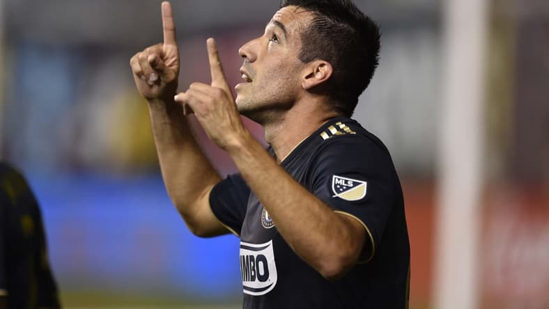 Jun 8, 2019; Philadelphia, PA, USA; Philadelphia Union midfielder Ilsinho (25) celebrates after scoring his second goal during the second half against the New York Red Bulls at Talen Energy Stadium. Mandatory Credit: Derik Hamilton-USA TODAY Sports