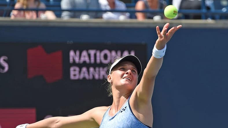 Aug 5, 2019; Toronto, Ontario, Canada;   Dayana Yastremska (Ukraine) serves to Johanna Konta (Great Britain) during the Rogers Cup tennis tournament at Aviva Centre. Mandatory Credit: Dan Hamilton-USA TODAY Sports