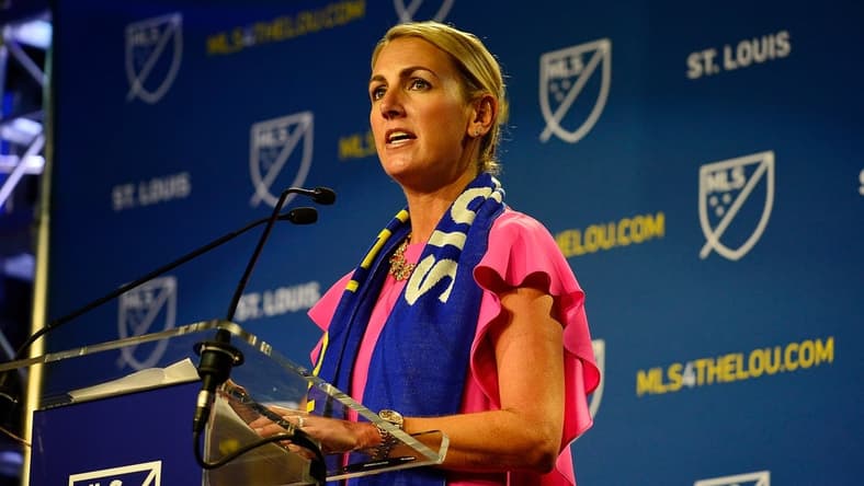 Aug 20, 2019; St. Louis, MO, USA; St. Louis MLS ownership group leader Carolyn Kindle Betz talks to guest and media after a expansion team was announced for St. Louis at The Palladium. Mandatory Credit: Jeff Curry-USA TODAY Sports