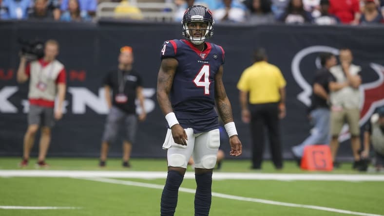 Sep 29, 2019; Houston, TX, USA; Houston Texans quarterback Deshaun Watson (4) looks to the sidelines for the last play before throwing a Hail Mary pass against the Carolina Panthers late in the fourth quarter at NRG Stadium. Mandatory Credit: Thomas B. Shea-USA TODAY Sports
