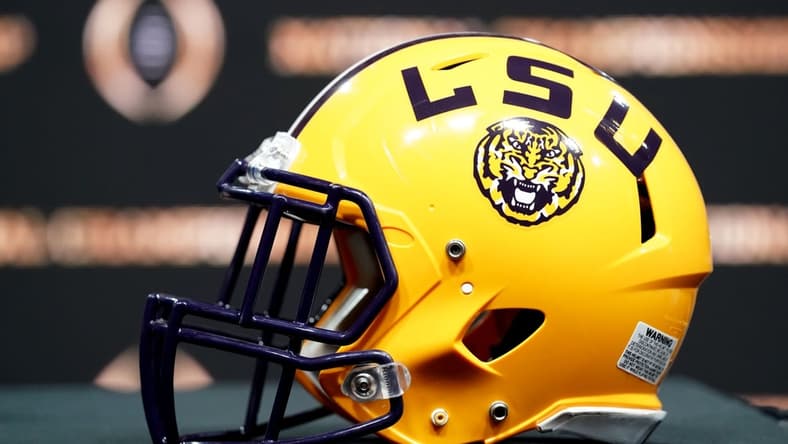 Jan 12, 2020; New Orleans, Louisiana, USA; An LSU Tigers helmet on display before the head coaches press conference for the CFP with LSU Tigers head coach Ed Orgeron and Clemson Tigers head coach Dabo Swinney at the Sheraton New Orleans, Grand Ballroom. Mandatory Credit: John David Mercer-USA TODAY Sports