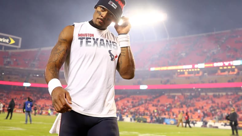 Jan 12, 2020; Kansas City, Missouri, USA; Houston Texans quarterback Deshaun Watson (4) reacts as he leaves the field following the game against the Kansas City Chiefs in the AFC Divisional Round playoff football game at Arrowhead Stadium. Mandatory Credit: Mark J. Rebilas-USA TODAY Sports
