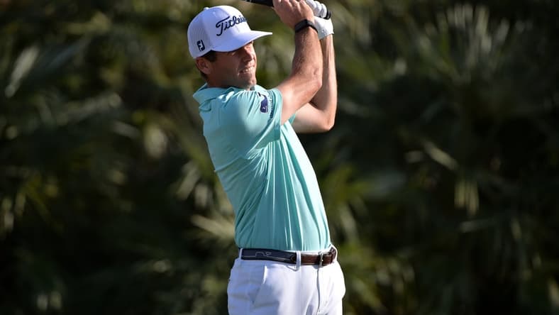 Jan 16, 2020; La Quinta, California, USA;  Ben Martin plays his shot from the 17th tee during the first round of The American Express golf tournament on the Jack Nicklaus Course at PGA West. Mandatory Credit: Orlando Ramirez-USA TODAY Sports