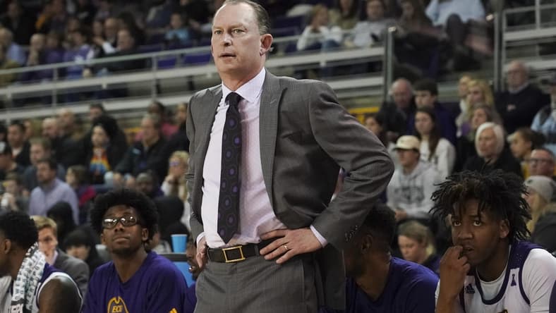 Jan 29, 2020; Greenville, North Carolina, USA; East Carolina Pirates head coach Joe Dooley looks on during the first half against the Houston Cougars at Minges Coliseum. The Houston Cougars defeated the East Carolina Pirates 69-59. Mandatory Credit: James Guillory-USA TODAY Sports