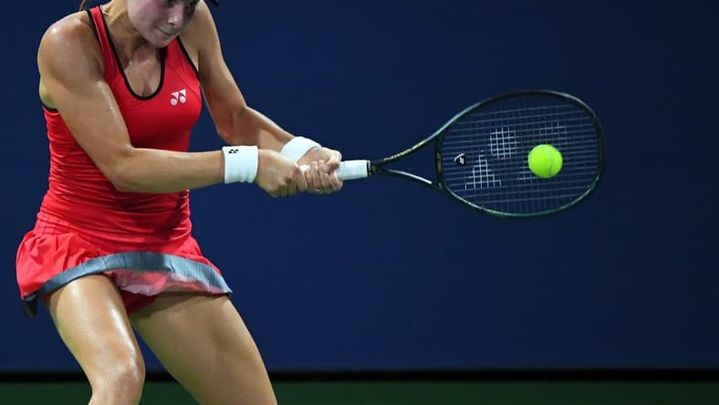 Sep 2, 2020; Flushing Meadows, New York, USA; Dayana Yastremska of Ukraine hits the ball against Madison Brengle of the the United States on day three of the 2020 U.S. Open tennis tournament at USTA Billie Jean King National Tennis Center. Mandatory Credit: Robert Deutsch-USA TODAY Sports