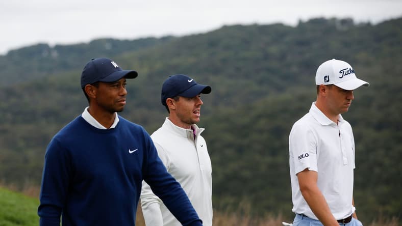 Tiger Woods and Justin Thomas faced off against Europeans Rory McIlroy and Justin Rose in the Payne's Valley Cup, the inaugural event at the new Payne's Valley Golf Course in Ridgedale, Mo., on Tuesday, Sept. 22, 2020.
Tpaynes Valley Cup00130