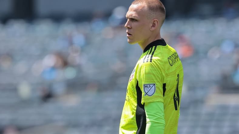 Apr 24, 2021; New York, New York, USA; FC Cincinnati goalkeeper Cody Cropper (1) looks on against New York City FC during the first half at Yankee Stadium. Mandatory Credit: Vincent Carchietta-USA TODAY Sports