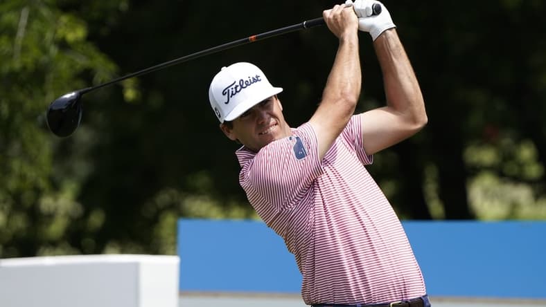 May 15, 2021; McKinney, Texas, USA; Ben Martin plays his shot from the second tee during the third round of the AT&T Byron Nelson golf tournament. Mandatory Credit: Jim Cowsert-USA TODAY Sports
