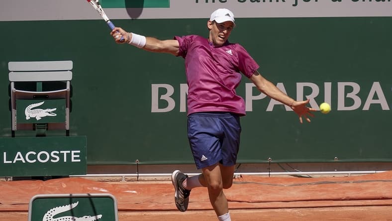 May 30, 2021; Paris, France; Dominic Thiem (AUT) in action during his match against Pablo Andujar (ESP) at Roland Garros Stadium. Mandatory Credit: Susan Mullane-USA TODAY Sports