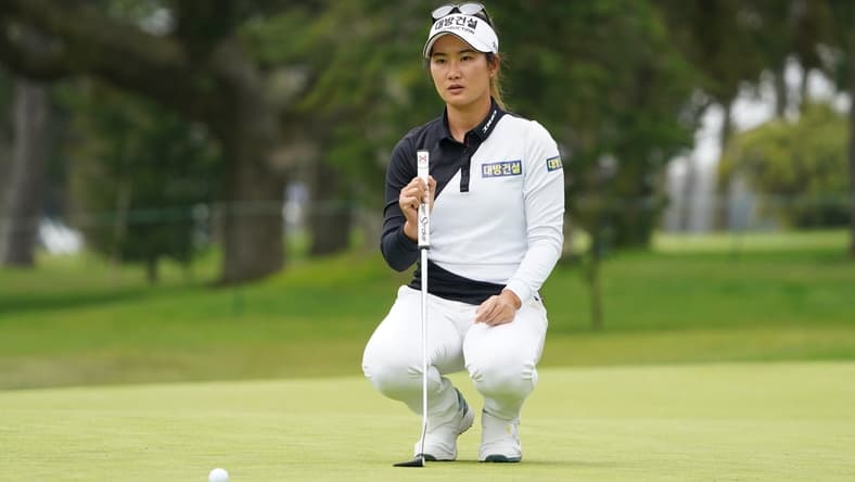 June 12, 2021; Daly City, California, USA; Su Oh lines up her putt on the fifth hole during the third round of the LPGA MEDIHEAL Championship golf tournament at Lake Merced Golf Club. Mandatory Credit: Kyle Terada-USA TODAY Sports