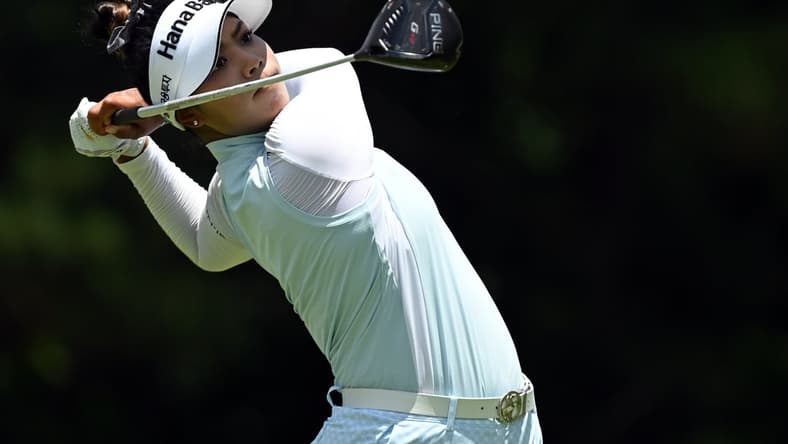 Jun 27, 2021; John's Creek, Georgia, USA; Patty Tavatanakit plays her shot from the second tee during the final round of the KPMG Women's PGA Championship golf tournament at the Atlanta Athletic Club. Mandatory Credit: Adam Hagy-USA TODAY Sports