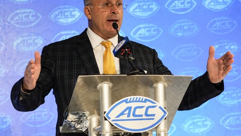 Jul 21, 2021; Charlotte, NC, USA; Pitt Panthers head coach Pat Narduzzi speaks to the media during the ACC Kickoff at The Westin Charlotte. Mandatory Credit: Jim Dedmon-USA TODAY Sports