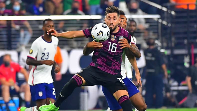 Aug 1, 2021; Las Vegas, Nevada, USA; Mexico midfielder Hector Herrera (16) looks to control a ball as USA midfielder Ginaluca Busio (6) defends on the play during the CONCACAF Gold Cup final soccer match at Allegiant Stadium. Mandatory Credit: Stephen R. Sylvanie-USA TODAY Sports