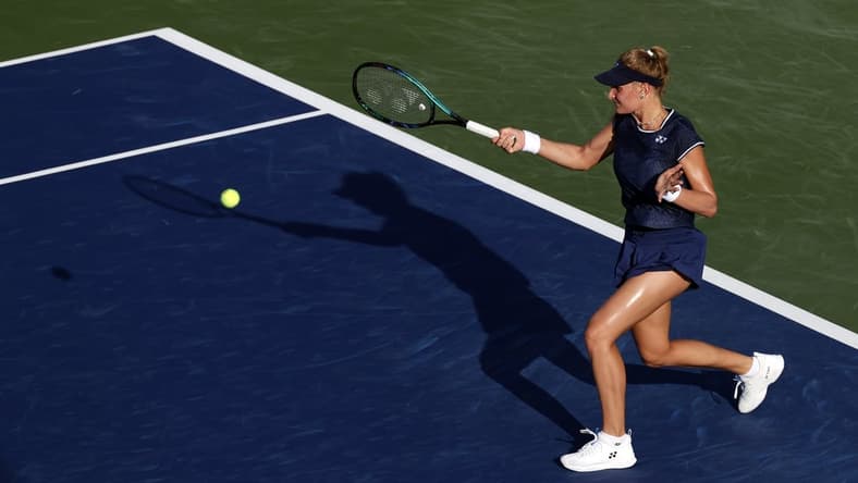 Aug 30, 2021; Flushing, NY, USA; Dayana Yastremska of Ukraine in action against Angelique Kerber of Germany in a first round match on day one of the 2021 U.S. Open tennis tournament at USTA Billie King National Tennis Center. Mandatory Credit: Jerry Lai-USA TODAY Sports