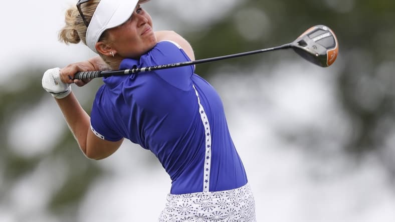Sep 4, 2021; Toledo, Ohio, USA; Nanna Koerstz Madsen of Team Europe tees off on the fourteenth hole during afternoon fourball in the 2021 Solheim Cup at Inverness Club. Mandatory Credit: Raj Mehta-USA TODAY Sports