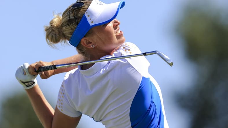 Sep 6, 2021; Toledo, Ohio, USA; Nanna Koerstz Madsen of Team Europe hits her tee shot on the third hole during competition rounds of the Solheim Cup golf tournament at Inverness Club. Mandatory Credit: Aaron Doster-USA TODAY Sports