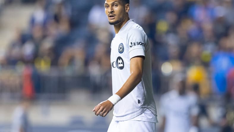 Aug 21, 2021; Chester, Pennsylvania, USA; CF Montreal forward Bjorn Johnsen (9) looks on against the Philadelphia Union at Subaru Park. Mandatory Credit: Mitchell Leff-USA TODAY Sports