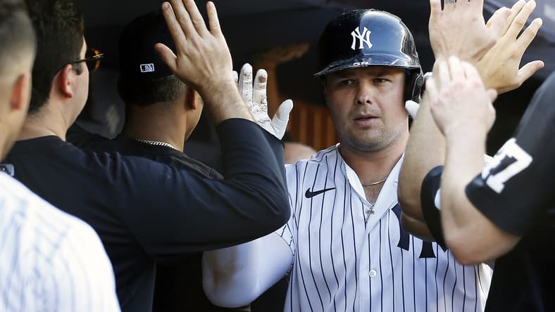 Sep 18, 2021; Bronx, New York, USA; New York Yankees first baseman Luke Voit (59) is congratulated after hitting a two run home run against the Cleveland Indians during the eighth inning at Yankee Stadium. Mandatory Credit: Andy Marlin-USA TODAY Sports