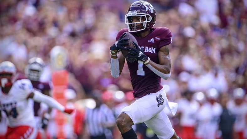 Sep 18, 2021; College Station, Texas, USA; Texas A&M Aggies wide receiver Demond Demas (1) scores a touchdown during the game between the Texas A&M Aggies and the New Mexico Lobos at Kyle Field. Mandatory Credit: Jerome Miron-USA TODAY Sports