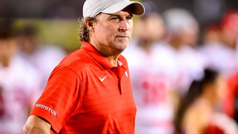Sep 18, 2021; Houston, Texas, USA;  Houston Cougars head coach Dana Holgorsen at the end of the game against the Grambling State Tigers at TDECU Stadium. Mandatory Credit: Maria Lysaker-USA TODAY Sports