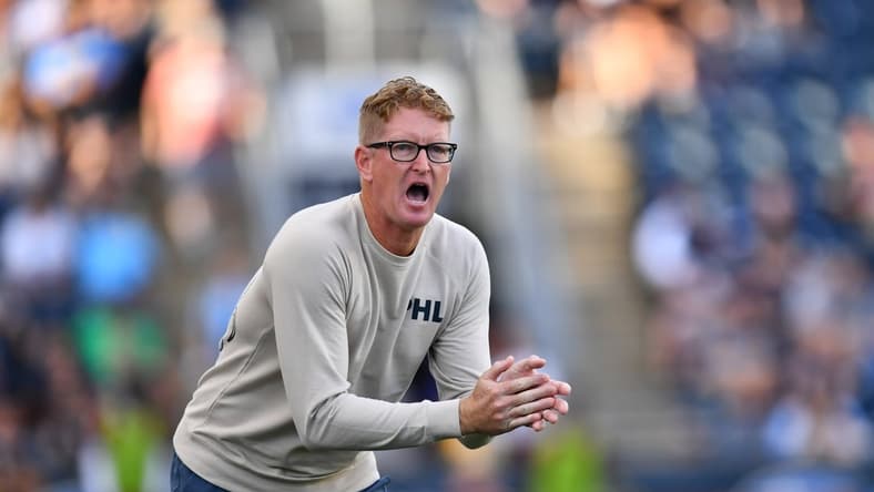 Sep 25, 2021; Philadelphia, Pennsylvania, USA; Philadelphia Union head coach Jim Curtin reacts in the second half against Atlanta United FC at Subaru Park. Mandatory Credit: Kyle Ross-USA TODAY Sports