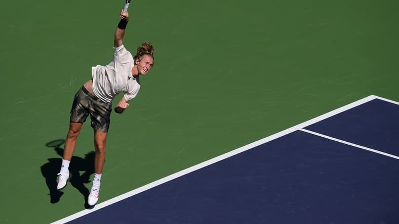 Oct 9, 2021; Indian Wells, CA, USA; Sebastian Korda (USA) serves against Frances Tiafoe (USA) at Indian Wells Tennis Garden. Mandatory Credit: Orlando Ramirez-USA TODAY Sports
