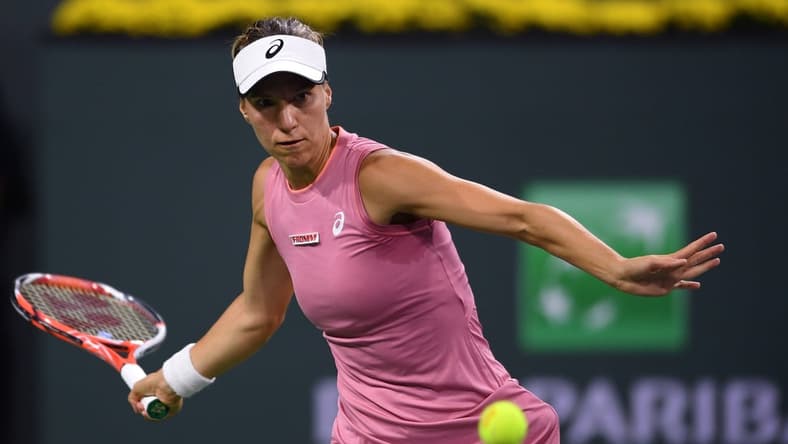 Oct 9, 2021; Indian Wells, CA, USA; Viktorija Golubic (SUI) hits a shot against Maria Sakkari (GRE) at Indian Wells Tennis Garden. Mandatory Credit: Orlando Ramirez-USA TODAY Sports