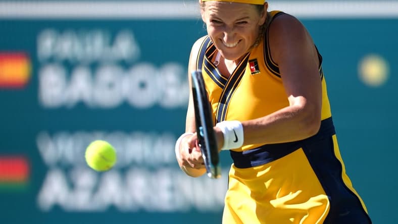 Oct 17, 2021; Indian Wells, CA, USA;  Victoria Azarenka (BLR) hits a shot during the women s final against Paula Badosa (ESP) during the BNP Paribas Open at the Indian Wells Tennis Garden. Mandatory Credit: Jayne Kamin-Oncea-USA TODAY Sports