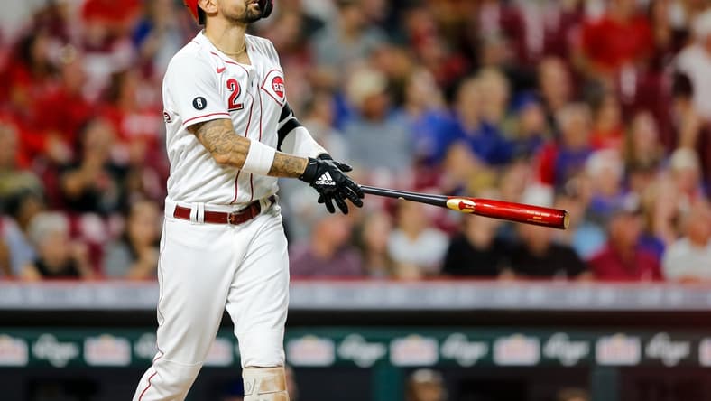 Cincinnati Reds right fielder Nick Castellanos (2) hits a home run in the sixth inning of the MLB National League game between the Cincinnati Reds and Chicago Cubs on Tuesday, Aug. 17, 2021, at Great American Ball Park in downtown Cincinnati.