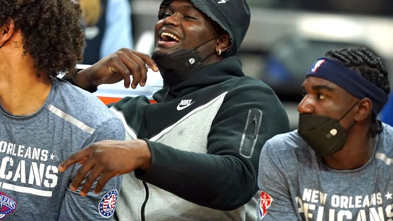 Nov 5, 2021; San Francisco, California, USA; New Orleans Pelicans forward Zion Williamson (1) sits on the bench during the second quarter against the Golden State Warriors at Chase Center. Mandatory Credit: Darren Yamashita-USA TODAY Sports