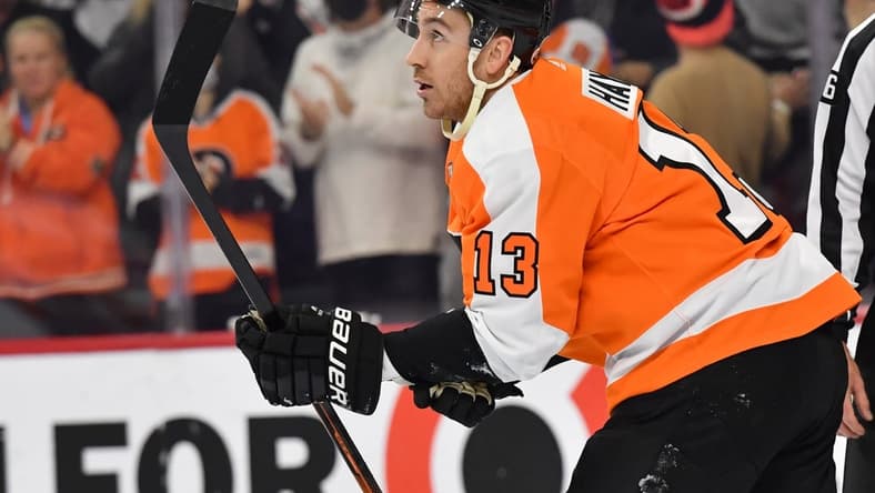 Nov 16, 2021; Philadelphia, Pennsylvania, USA; Philadelphia Flyers center Kevin Hayes (13) against the Calgary Flames at Wells Fargo Center. Mandatory Credit: Eric Hartline-USA TODAY Sports