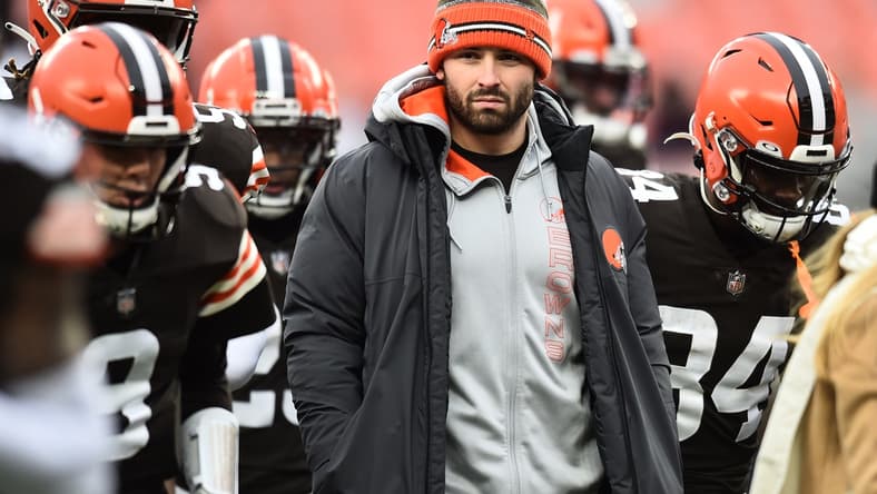 Jan 9, 2022; Cleveland, Ohio, USA; Cleveland Browns quarterback Baker Mayfield (6) walks off the field with the team before the game between the Browns and the Cincinnati Bengals at FirstEnergy Stadium. Mandatory Credit: Ken Blaze-USA TODAY Sports