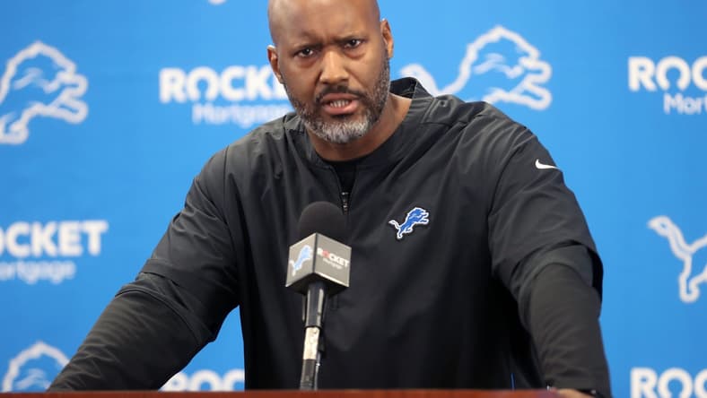 Lions GM Brad Holmes speaks to the media on Tuesday, Jan.11, 2022, in Allen Park.
Lions