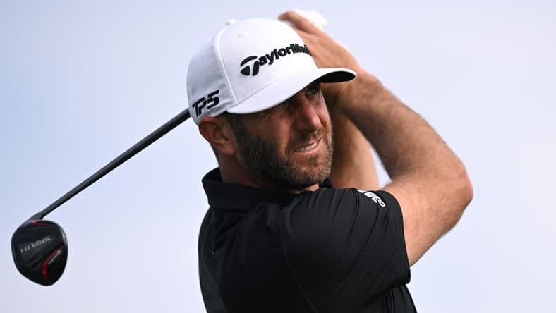 Jan 28, 2022; San Diego, California, USA; Dustin Johnson plays his shot from the second tee during the third round of the Farmers Insurance Open golf tournament at Torrey Pines Municipal Golf Course - South Course. Mandatory Credit: Orlando Ramirez-USA TODAY Sports