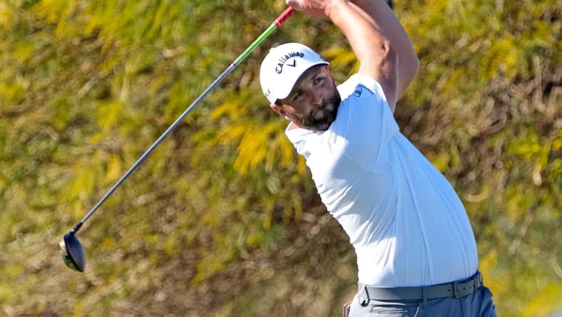 Feb 10, 2022; Scottsdale, AZ, USA;  Jon Rahm hits from the 9th tee box during Round 1 of the WM Phoenix Open at TPC Scottsdale. Mandatory Credit: Cheryl Evans-Arizona Republic

Golf Wm Phoenix Open Day 1