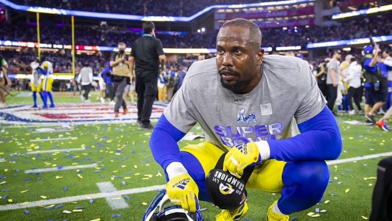 Feb 13, 2022; Inglewood, CA, USA; Los Angeles Rams linebacker Von Miller (40) reacts after defeating the Cincinnati Bengals during Super Bowl LVI at SoFi Stadium. Mandatory Credit: Mark J. Rebilas-USA TODAY Sports
