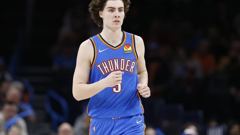 Feb 16, 2022; Oklahoma City, Oklahoma, USA; Oklahoma City Thunder guard Josh Giddey (3) runs down the court against the San Antonio Spurs during the second half at Paycom Center. San Antonio won 114-106. Mandatory Credit: Alonzo Adams-USA TODAY Sports