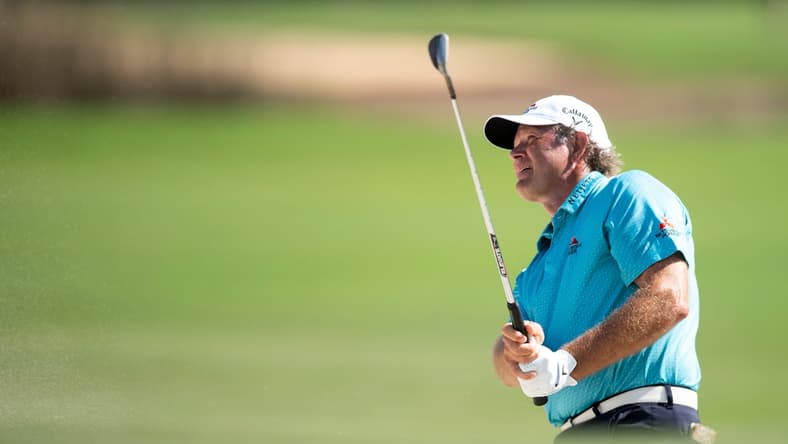 Retief Goosen (RSA) hits a shot from a bunker on the 18th hole during the first round of the Chubb Classic, Friday, Feb. 18, 2022, at Tibur  n Golf Club at The Ritz-Carlton Golf Resort in Naples, Fla.

Chubb Classic first round, Feb. 18, 2022
