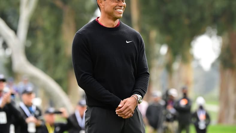 Feb 20, 2022; Pacific Palisades, California, USA; Event host Tiger Woods attends the trophy ceremony following the final round of the Genesis Invitational golf tournament. Mandatory Credit: Gary A. Vasquez-USA TODAY Sports