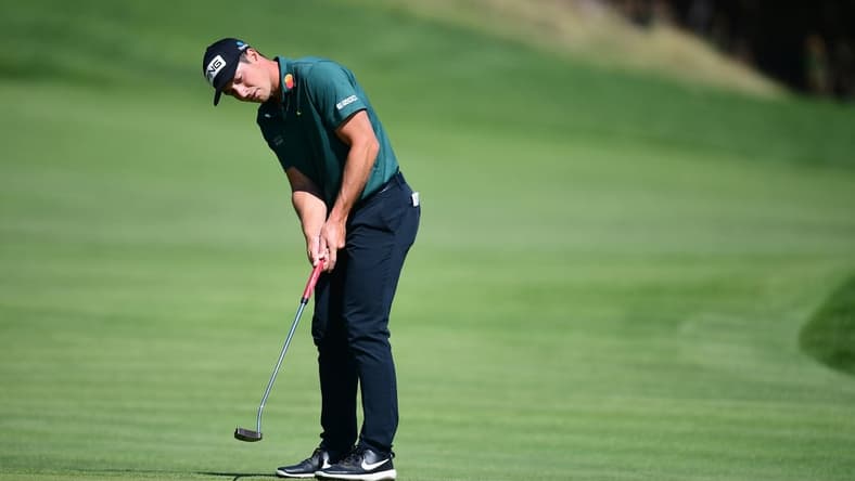 Feb 20, 2022; Pacific Palisades, California, USA; Viktor Hovland putts on the fourth green during the final round of the Genesis Invitational golf tournament. Mandatory Credit: Gary A. Vasquez-USA TODAY Sports