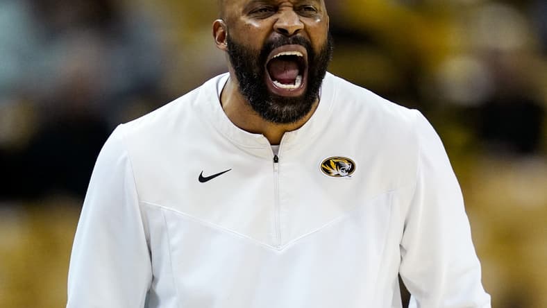 Feb 20, 2022; Columbia, Missouri, USA; Missouri Tigers head coach Cuonzo Martin reacts during the second half against the Mississippi State Bulldogs at Mizzou Arena. Mandatory Credit: Jay Biggerstaff-USA TODAY Sports
